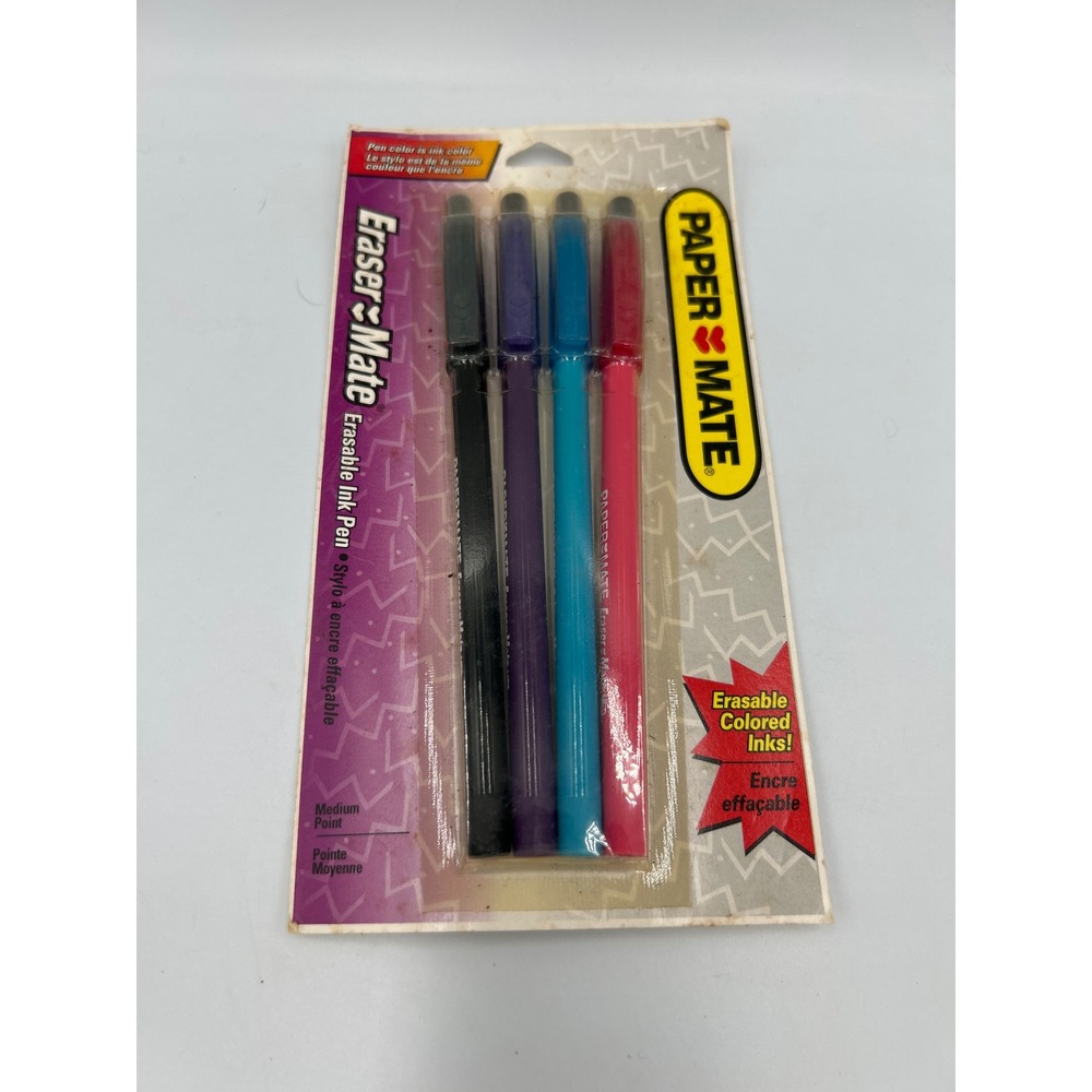 Vintage 1997 Paper‎ Mate Eraser Mate Erasable Ink Pens Medium Point 4 Pack New